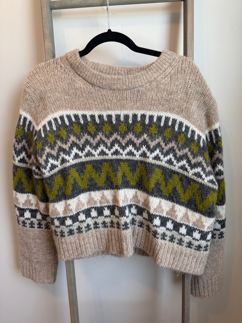 Velvet Neutral Fair Isle Crewneck Sweater with Olive and Gray Pattern